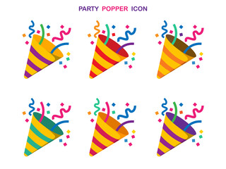 Obraz premium Party popper icons in different colors.Confetti logo,congratulate and celebrate elements.Vector party poppers set.Exploding cracker icon.
