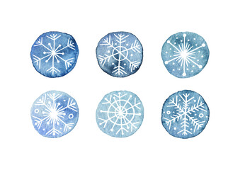 Set of blue watercolor circles and hand drawn snowflakes isolated on white background. Christmas winter holiday symbol illustration. Merry Christmas and happy new year design elements.