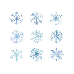 Fototapeta na wymiar Set of watercolor snowflakes isolated on white background. Christmas winter holiday symbol illustration. Merry Christmas and happy new year design. Perfect for postcard, background, border, banner.