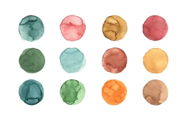 Fotobehang Aquarel Set of watercolor circles isolated on white background. Abstract watercolor round shapes of blue, yellow, brown, red, green colors. Perfect for holiday designs.  © Kate Mogilnikova
