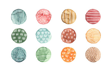 Set of watercolor circles with hand drawn lines isolated on white background. Abstract watercolor...