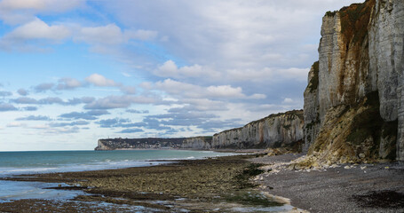 Yport and Fecamp, Normandy. Beach, cliff and rocks in low tide.