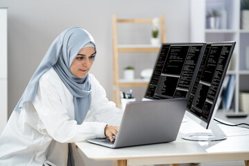 Programmer Woman Wearing Hijab Working