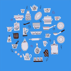 Set of ceramic tableware with floral print, cups, plates, bowls