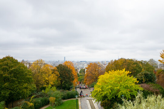 Paris, France - November 14th 2021: View from Belvedere de Belville over the park and the city