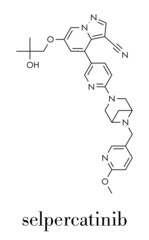 Selpercatinib cancer drug molecule. Skeletal formula.