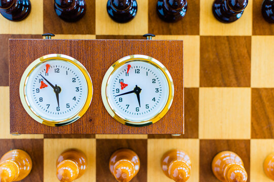 Overhead Image Of A Chess Board And Chess Clock With Copy Space.