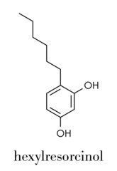 Hexylresorcinol molecule. Has anaesthetic, antiseptic and anthelmintic properties. Skeletal formula.