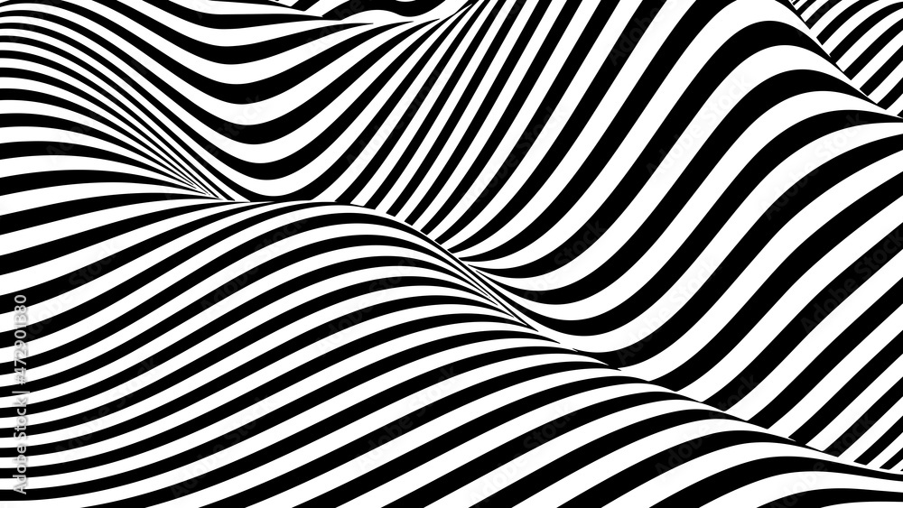 Poster abstract background of black and white stripes. optical illusion wave. distortion effect. vector ill