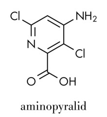 Aminopyralid herbicide molecule. Skeletal formula.