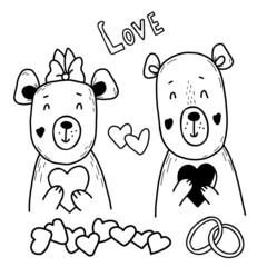Set with cute couple of bears in love with hearts on background of wedding rings. Vector illustration in handmade doodle style. Isolated linear sketches for Valentines, love cards, decor and design