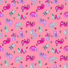 Hand drawn seamless pattern with chameleons and flies. Perfect for T-shirt, fabric, textile and print. Doodle illustration for decor and design.