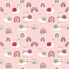 Fototapeta na wymiar Hand drawn seamless pattern with snails and rainbows. Perfect for T-shirt, postcard, textile and print. Doodle illustration for decor and design.