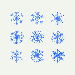 Set of nine vector blue snowflakes on white background. Hand drawn winter snowflake silhouettes. Perfect design elements for holiday design projects. Christmas and happy new year vector design.