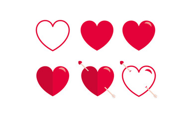 Collection of heart illustrations. Love symbols. Set of red hearts icons. Geometric. Simple. Outline. Shiny. Romance. Different heart shapes. Style. Flat design. Passionate. Arrowed heart. Vector.