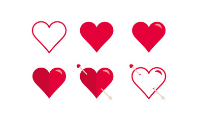 Collection of heart illustrations. Love symbols. Set of red hearts icons. Geometric. Simple. Outline. Shiny. Romance. Different heart shapes. Style. Flat design. Passionate. Arrowed heart. Vector.
