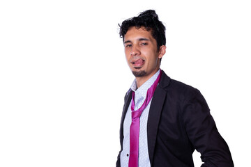 Flirtatious businessman with seductive expression sticking out his tongue with sexy look, isolated on all-white background.