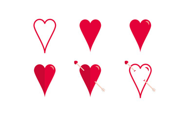 Collection of heart illustrations. Love symbols. Set of red hearts icons. Geometric. Simple. Outline. Shiny. Romance. Different heart shapes. Style. Flat design. Passionate. Arrowed heart. Vector.