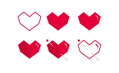 Collection of heart illustrations. Love symbols. Set of red hearts icons. Geometric. Simple. Outline. Shiny. Romance. Different heart shapes. Style. Flat design. Passionate. Arrowed heart. Vector.