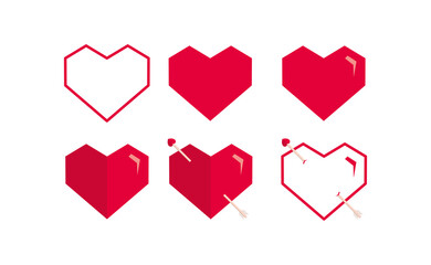 Collection of heart illustrations. Love symbols. Set of red hearts icons. Geometric. Simple. Outline. Shiny. Romance. Different heart shapes. Style. Flat design. Passionate. Arrowed heart. Vector.
