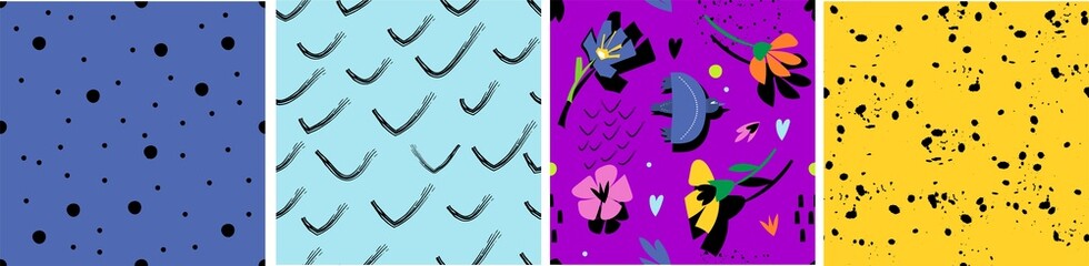 A set of seamless patterns with flowers, circles. splashes and abstract lines. Modern design for paper, cover, fabric, interior decor, website.