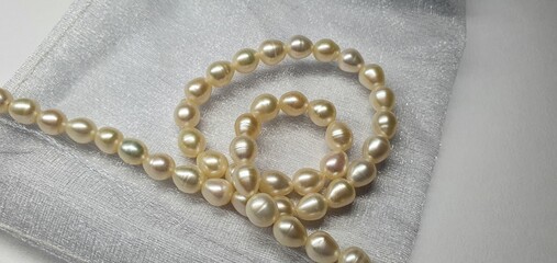 A beautiful necklace made of natural pearls. Pearl jewelry for women. Precious stones.