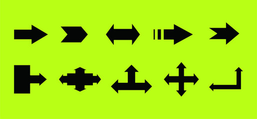 Set of new style black vector arrows isolated on yellow. Arrow vector icon. Arrows vector illustration collection