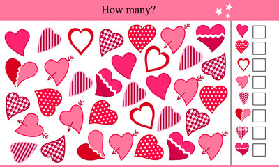 How many hearts? Educational game for children. Vector illustration