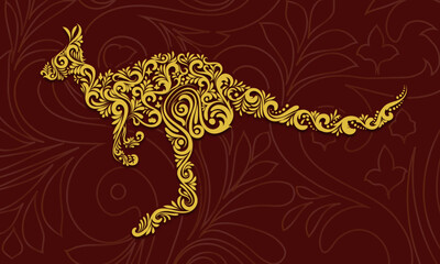 Golden Decorative Filigree Scroll-work Kangaroo Design On Burgundy and Gold Leaf Background