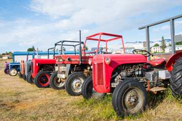 Old vintage tractors on island of Hrisey in Iceland