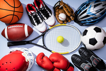 High Angle View Of Various Sport Equipment