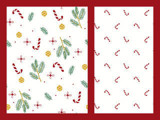 Collage red Christmas pattern set with candy canes, snowflakes. Background for wrapping paper, fabric print, greeting cards. Winter Holiday design