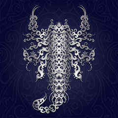 Shiny Silver Decorative Filigree Scroll-work Scorpion Design On A Dark Blue Background with Silver Scroll-work
