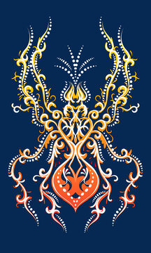 Orange and Yellow Decorative Filigree Scroll-work Spider with White Filigree Accents  On a Blue Background