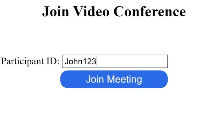 Typing Participant Name Into Video Conference Login. Mouse Cursor Slides Over And Clicks Join Meeting to Sign In. Cursor Clicking Joining Gathering Online on the Internet.