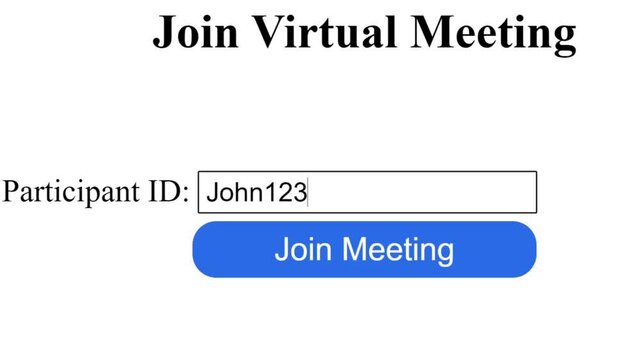 Typing Participant Name Into Virtual Meeting Login. Mouse Cursor Slides Over And Clicks Join Virtual Reality Meeting to Sign In. Cursor Clicking Joining Gathering Online on the Internet.
