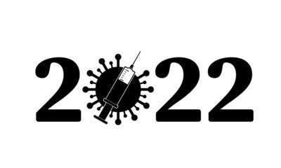 Obraz na płótnie Canvas 2022 numbers with virus and vaccine. Coronavirus covid pandemic. Funny New Year typography poster. Vector template for banner, sign, greeting card, invitation, etc