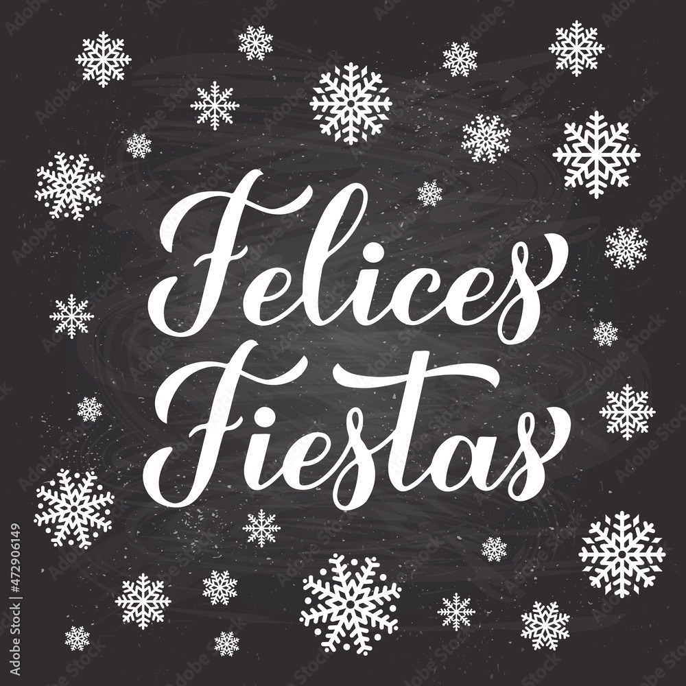 Wall mural Felices Fiestas calligraphy hand lettering on chalkboard background with snowflakes. Happy Holidays in Spanish. Christmas and Happy New Year typography poster. Vector template for greeting card, etc