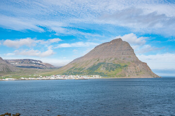 View over Bolungarvik towards the town and mountain Tradarhyrna