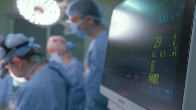 Heart rate and patient control monitor in hospital theater room during surgery operation