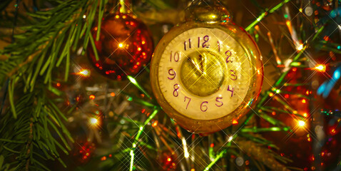 Christmas toy in the form of a clock on a festive tree