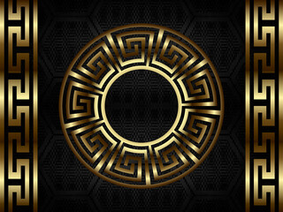 Gold 3d seamless pattern with greek borders. Grunge halftone honeycomb background. Vector repeat textured black backdrop. Luxury royal 3d ornament. Greek key, meanders, borders, circle, round mandala