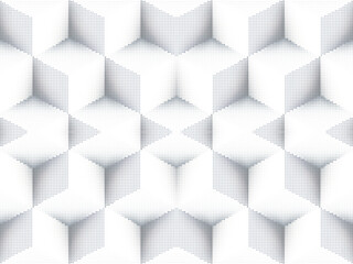 3d cubes halftone stylish seamless pattern. Geometric monochrome half tone background. Surface geometrical gradient ornaments with circles, polka dots, points, rhombus. Half tone cubical shapes