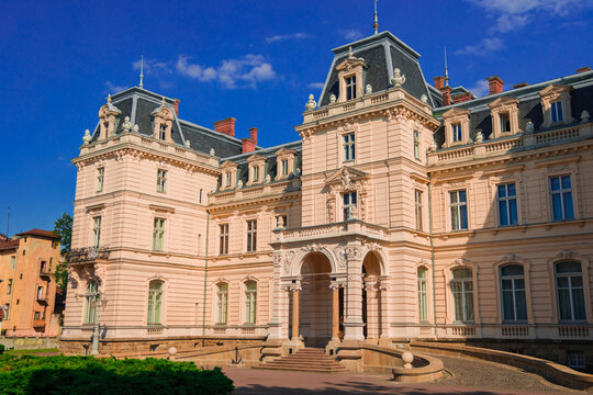 travel destination sightseeing point medieval beautiful palace exterior facade in Lviv Ukraine, summer clear weather