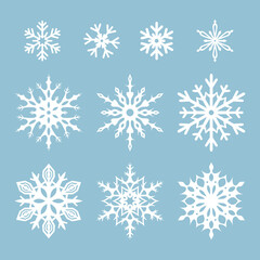 Fototapeta na wymiar Vectors set of white snowflakes isolated on a blue background.