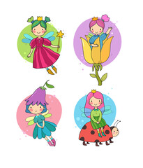 Set with cute cartoon fairies. Wood elves. Little girls princess with wings fly over flowers. Funny ladybug. Vector illustration - 472911756