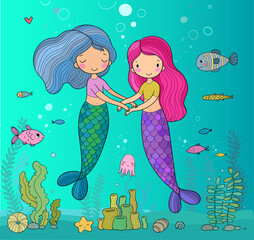  ute little mermaids. cartoon girls with fish tails. Marine theme.
