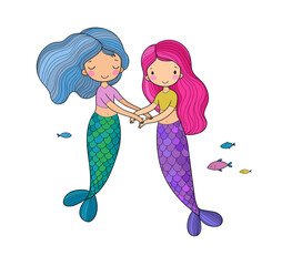  ute little mermaids. cartoon girls with fish tails. Marine theme.