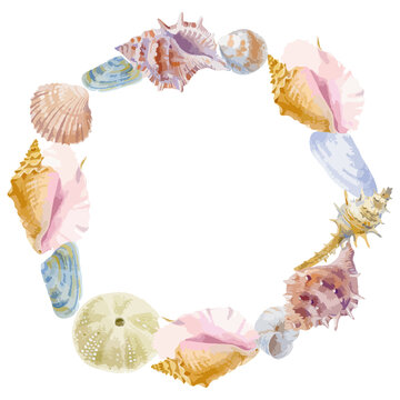 Vector illustration of round watercolor composition of seashells isolated on white background.