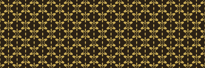 Seamless pattern with gold ornaments on a black. Background image for wallpaper design. Used colors: gold, black. Vector illustration